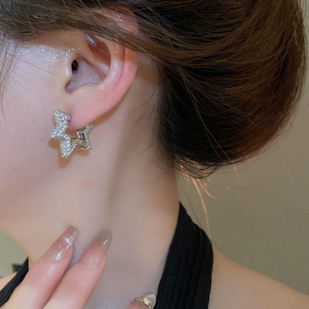 Silver Rhinestone Earrings Zinc Zinc Alloy Hoop Ear Buckle Vintage Hollow Pentagram Earring  Party