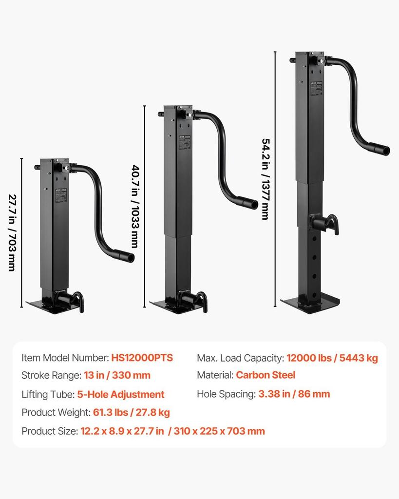 Heavy-Duty Trailer Jack, 5443 kg Load Capacity, Sidewind Square Direct Weld-on Trailer Jack with Handle Crank, Adjustable Drop Leg, 674 mm Travel for