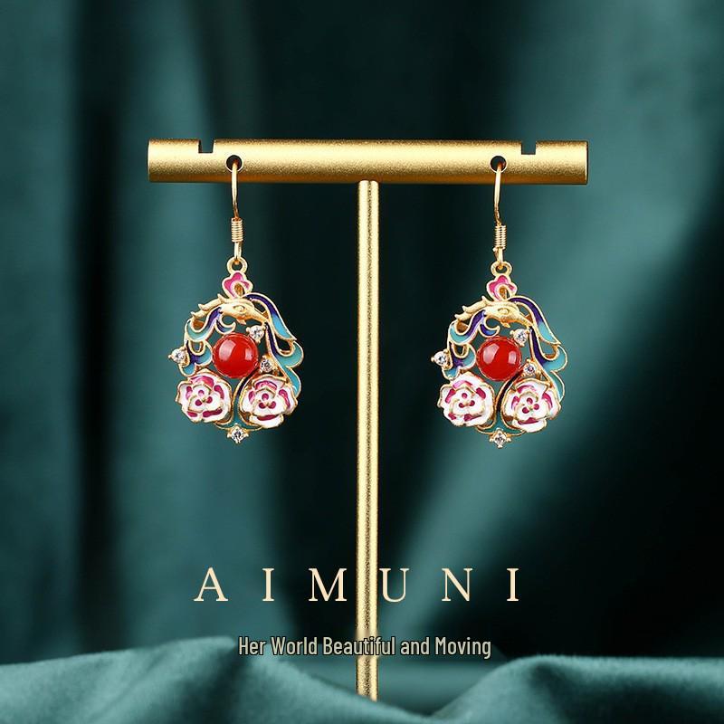 Chinese Palace Style Enamel & Chalcedony Sterling Silver Earrings for Girls Electroplated Gold красный