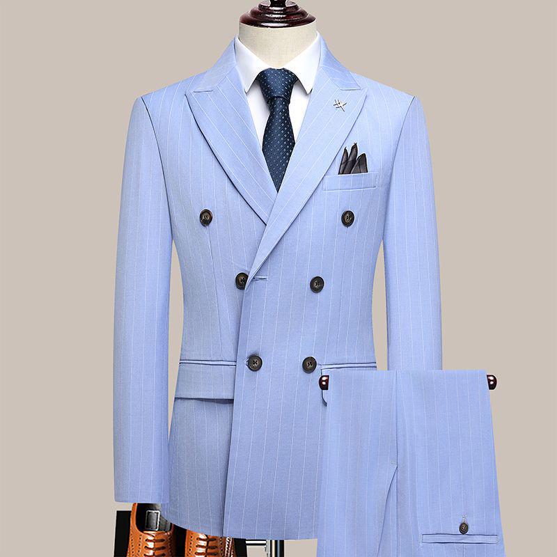 New Men's Slim Fit Double-Breasted British Stripe Suit - Perfect for Weddings & Groom Attire
