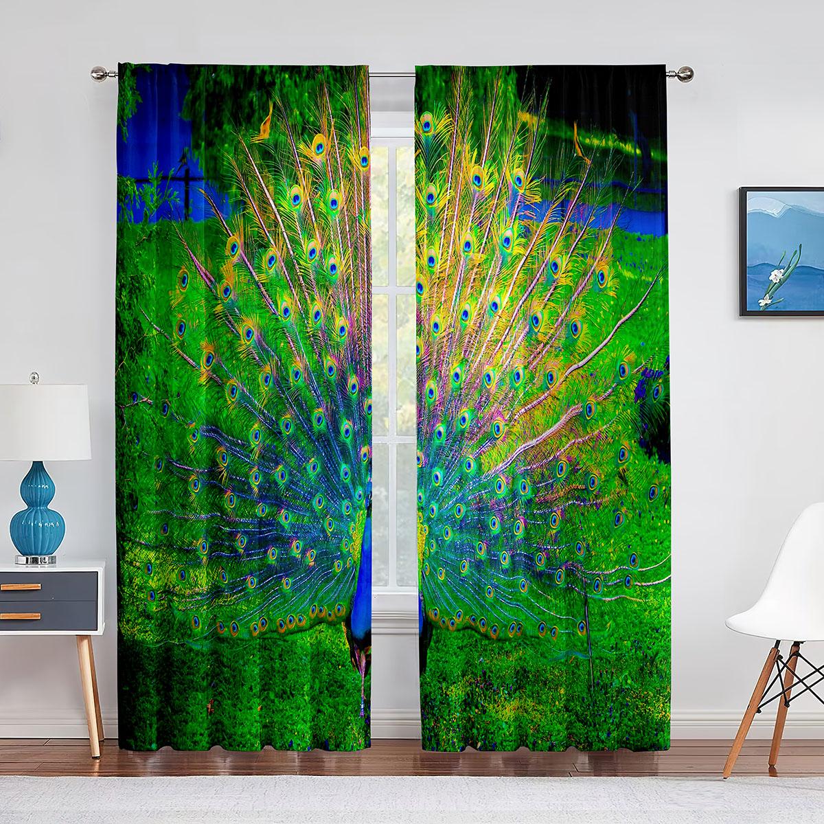 Голубые красивые прозрачные шторы с изображением павлина — фото 4