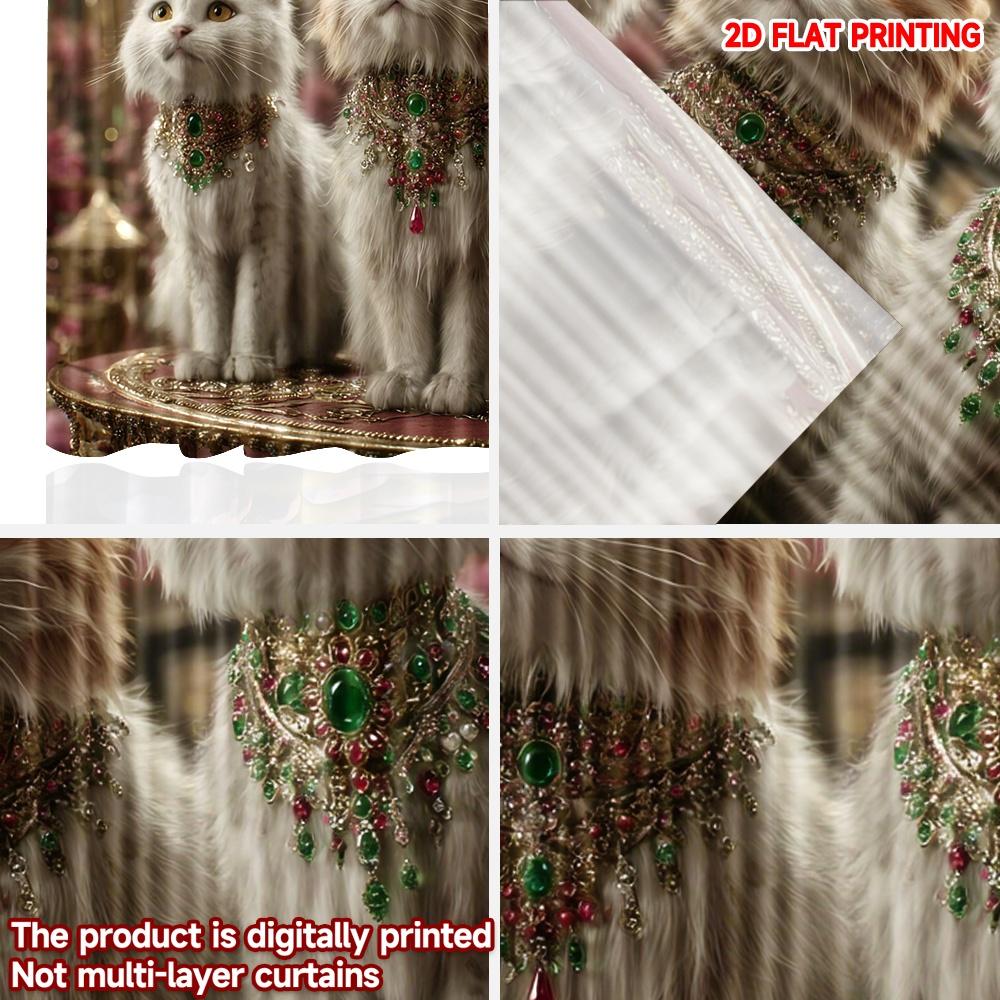 Set Of 2 Royal Cat Curtains White Cats Gemstone Collars Gold Pink Floral Background Luxurious Living Room Decor Curtain Polyester Ideal For Great