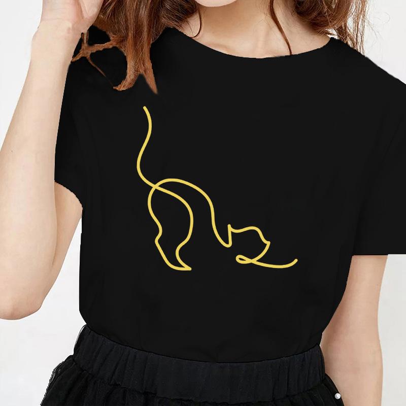 Kawaii Cat Line Drawing Minimalist Print T Shirt Female Harajuku Aesthetic Streetwear Summer Clothes for Women Camisa Masculina
