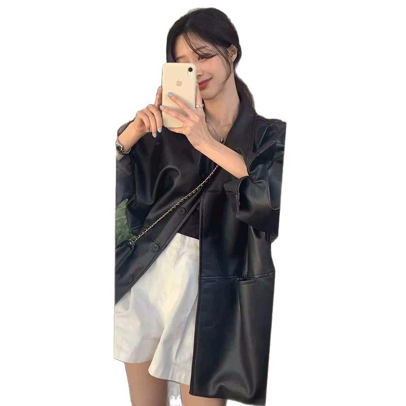 Korean Women's Stylish Single-Breasted Faux Leather Lapel Jacket - Autumn Loose Fit Coat