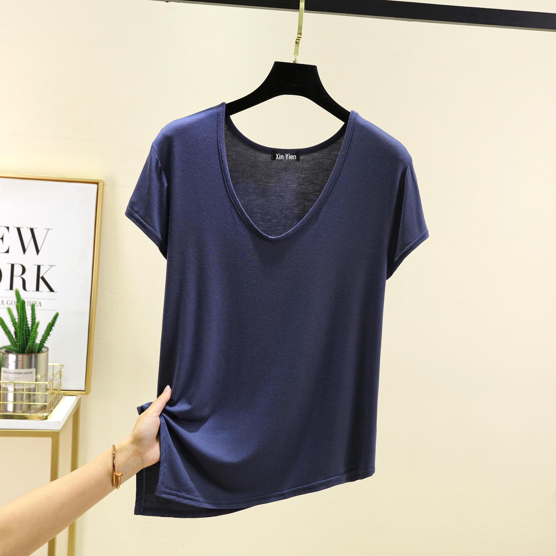 

Асимметричный подол Модальная футболка с коротким рукавом - Женская приталенная, с прямым плечом, в корейском стиле, универсальный летний топ 2XL (130-145 jin) джинсовый синий