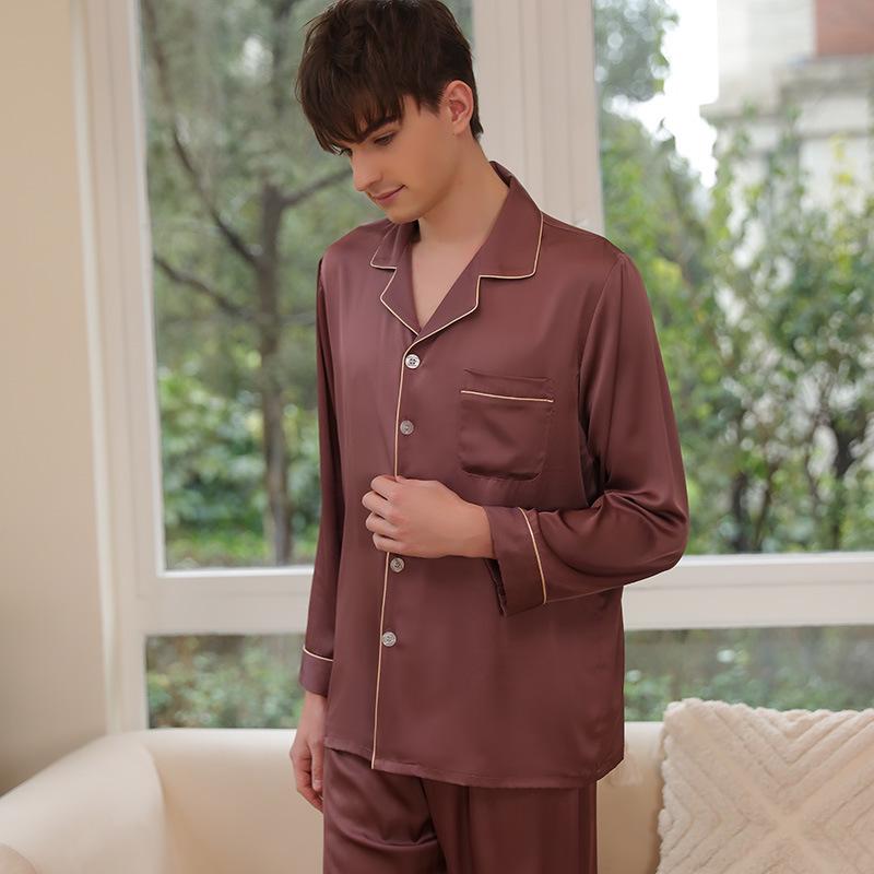 Men s Plus Size Ice Silk Pajama Set - Long Sleeve & Pants (Spring 2022) XL