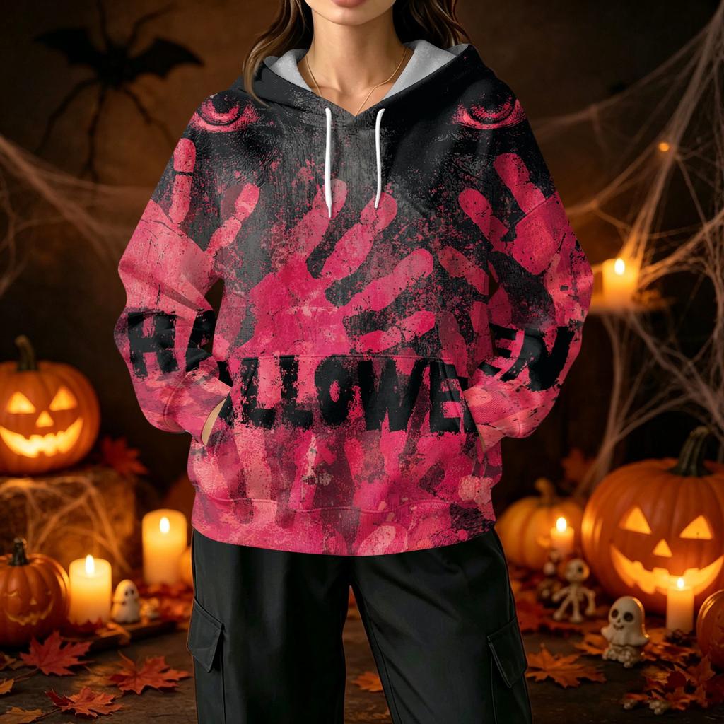Damen Halloween Print Pullover Hoodie mit und Taschen Lässiges Langarm Top