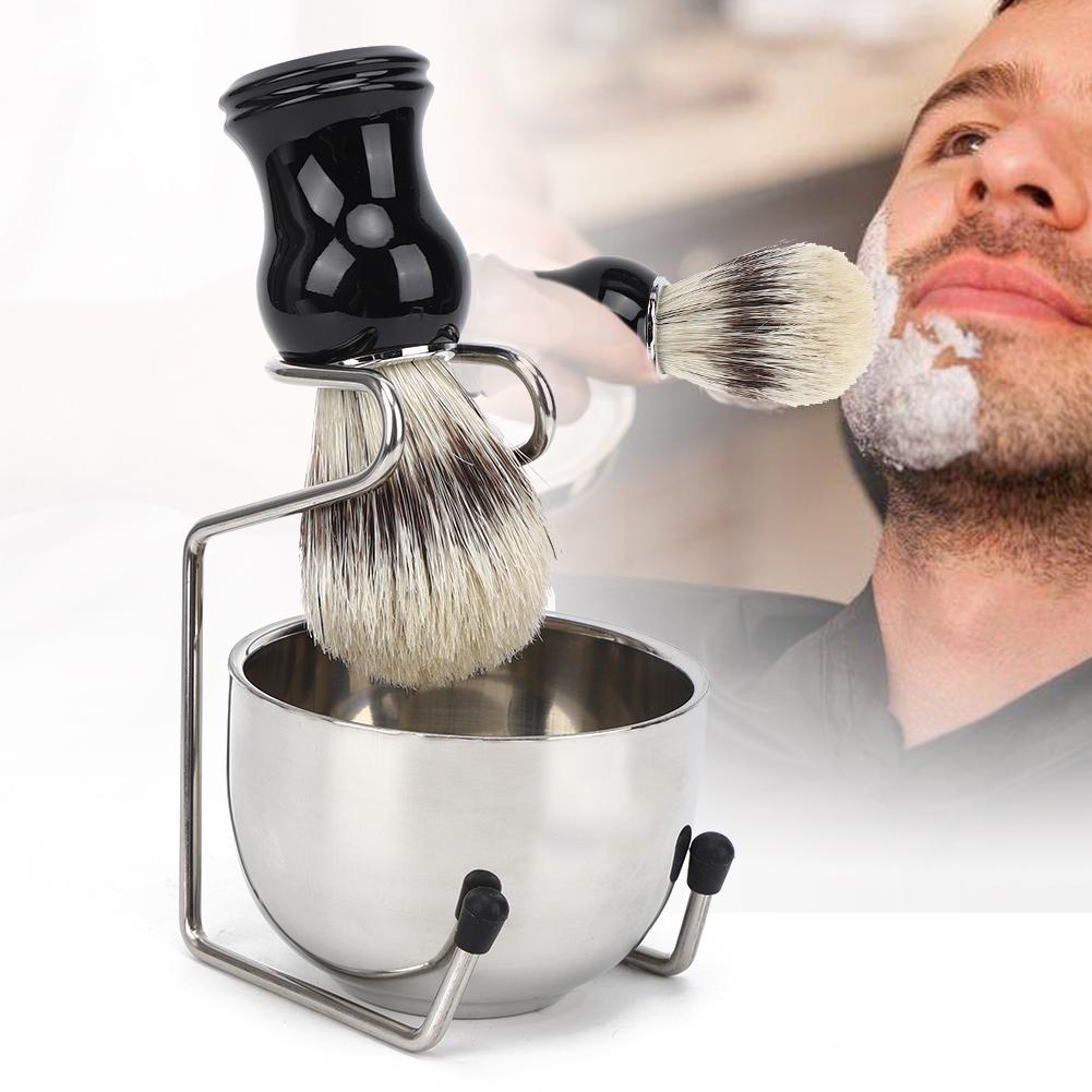 3Pcs Set Shaving Tool Kit Brush with Stainless Steel Bowl Bracket Stand for Men Daily Shaving