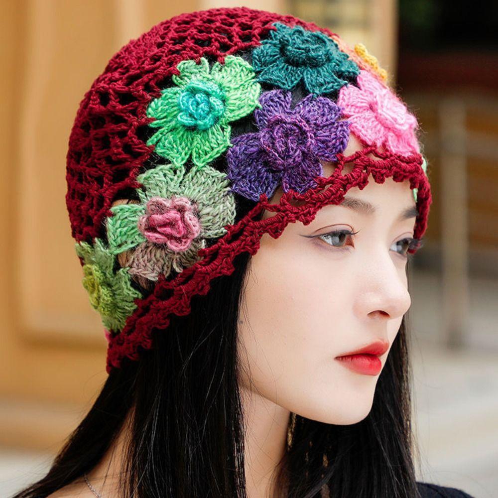 Colorful Beanie Cap Woolen Ethnic Style Pullover Hat Vintage Flower Hollow Knitted Hat Ladies