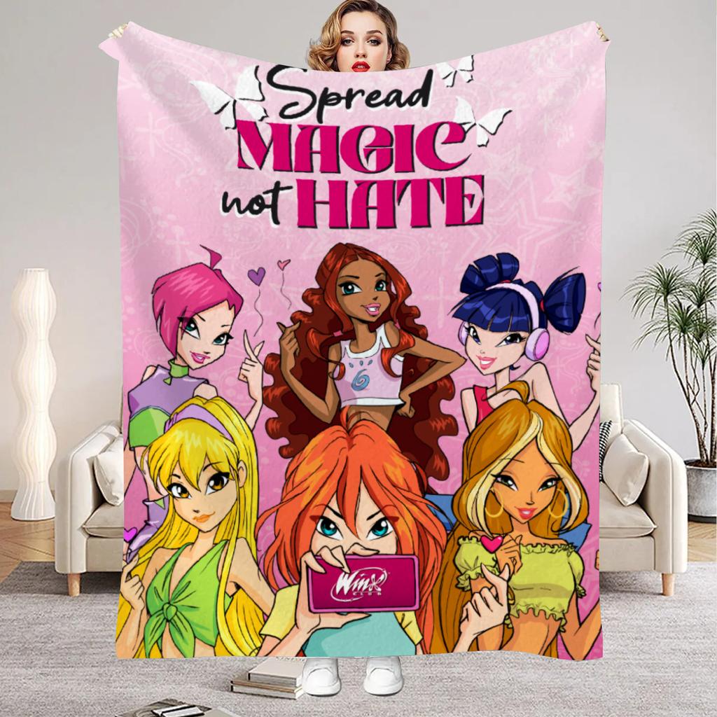 W-Winx C-Club Blanket Beauty Girl Print Flannel Blanket for Home Living Room Bedroom Decor New Year Christmas Gift for Kids