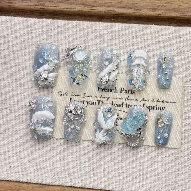 Handmade Mermaid Tail Press-On Nails Short Almond Shape Blue Ocean Design Women Girls