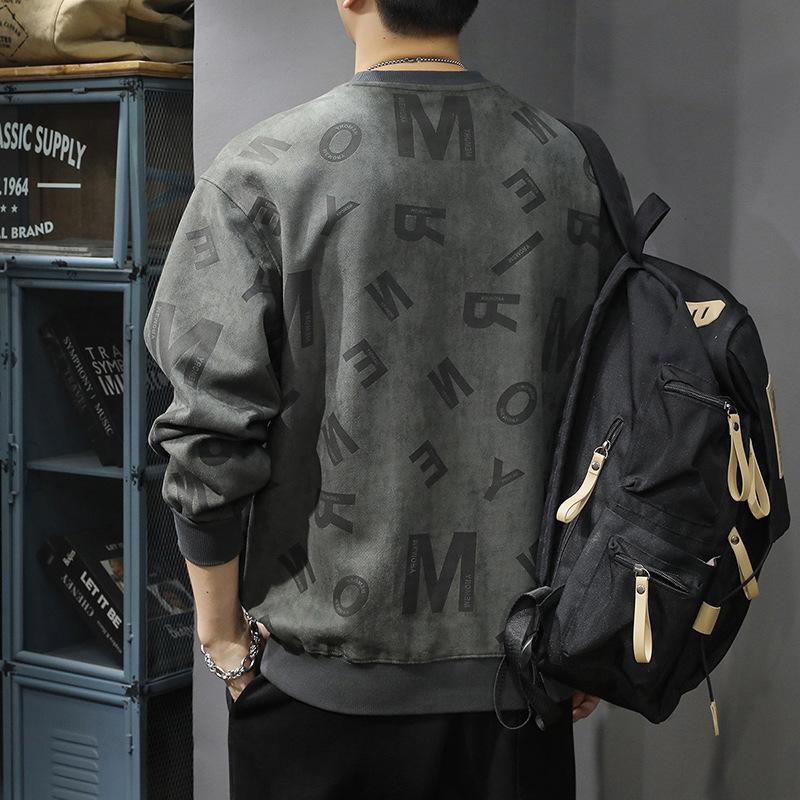 Trendy Brand Heavy Suede Fleece Crew Neck Sweater Men'S Loose Large Size American Retro Ruffian Handsome Alphabet Printed Top