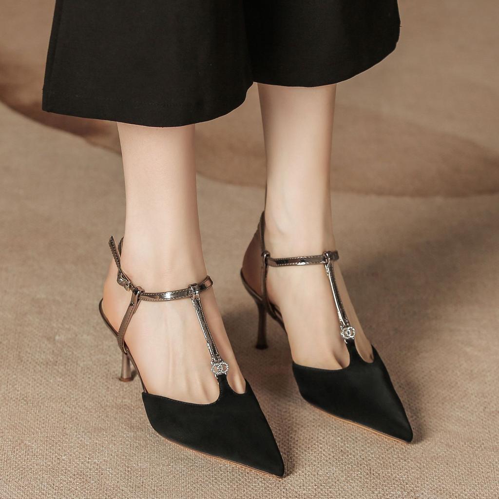 H1933-46 Solid Color Summer Women's Shoes Half Bag Head Rear Empty Stiletto High Heel Sandals Women's Word with Pointed Shoes Children