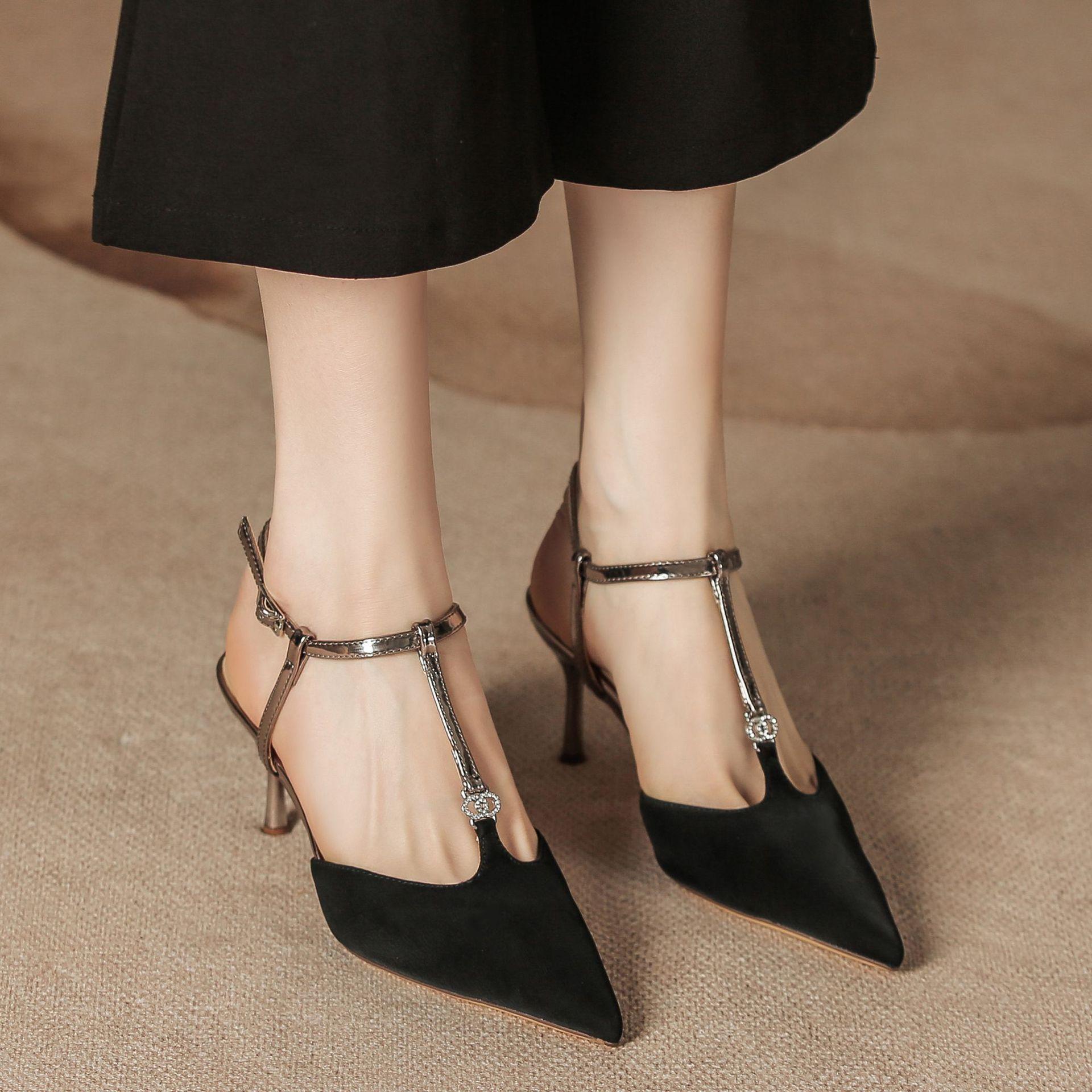 

H1933-46 Однотонные летние женские туфли с полукруглым носком и пустыми шпильками на высоком каблуке, женские сандалии с острым носком для детей 34