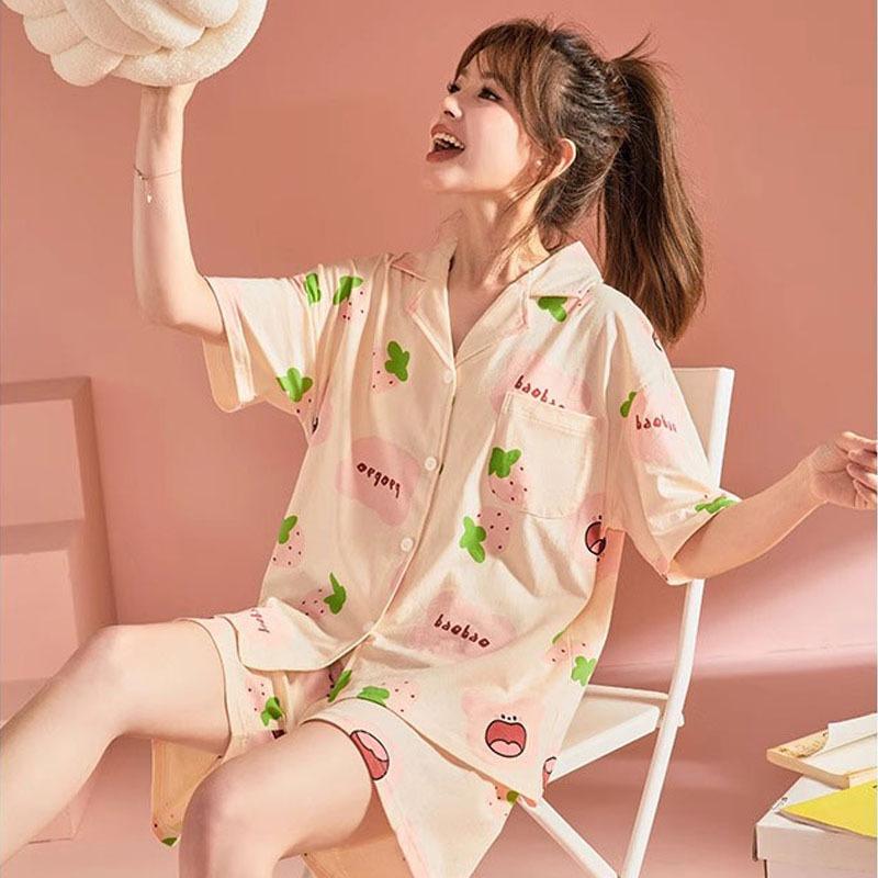 Summer Pajamas Women's Imitation Cotton Korean Cute Cartoon Sweet Student Short-sleeved Loungewear Suit