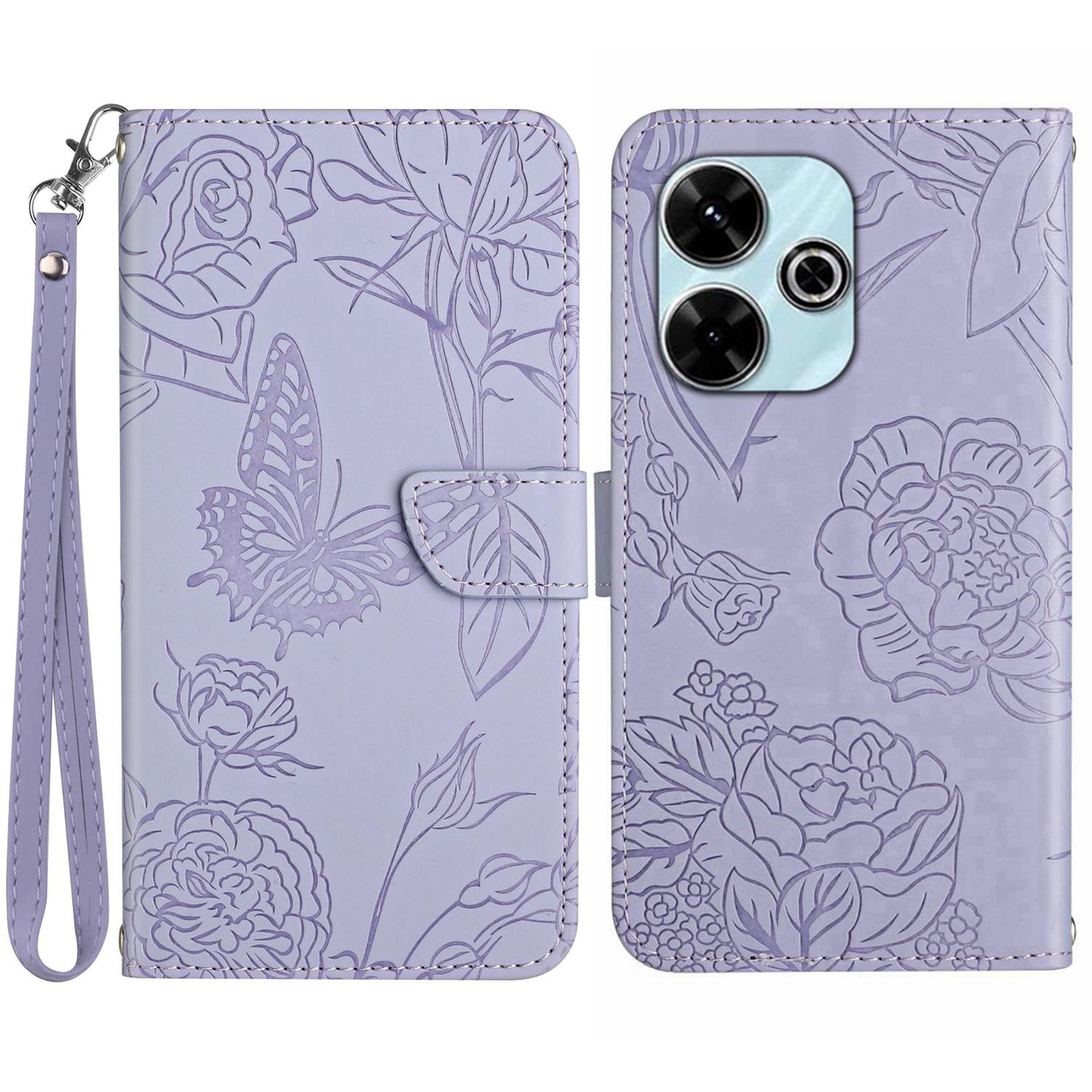 

HT03 For Xiaomi Redmi 13 5G/13 4G Case Floral Butterfly PU Leather Phone Cover with Hand Strap Purple