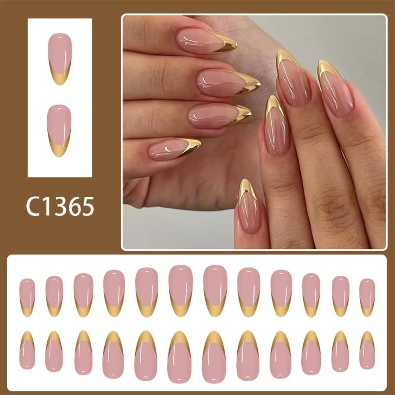 Pack Of 24 French Tip Press On Nail Gold French Tip Design Gold French Tip Fake Artificial Nail For Women Party