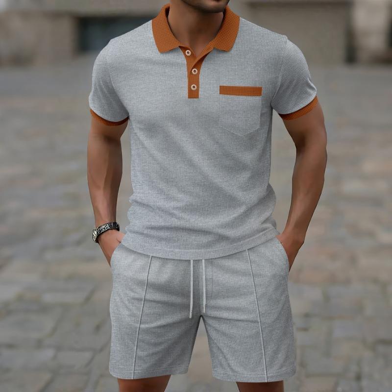 Set de shorts și tricou polo pentru bărbați, cu mânecă scurtă, guler cu nasturi și buzunar, ținută casual din două piese