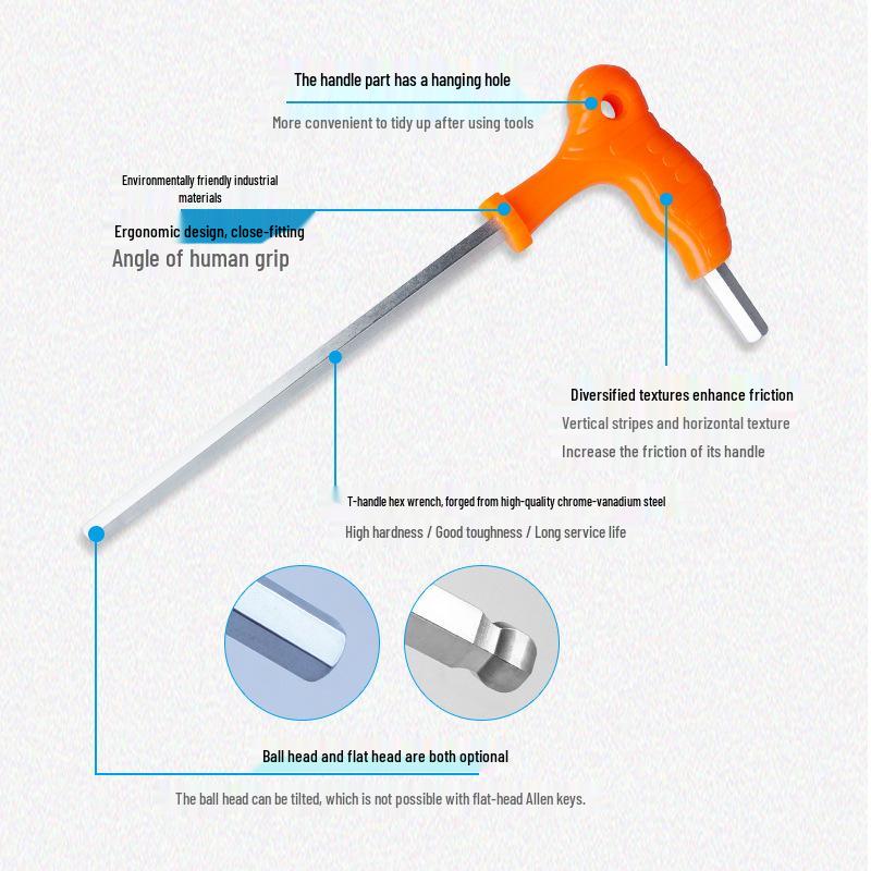 Ergonomic T-Handle Ball-Head Hex Key: Crutch-Shaped, Flat & 7-Shaped Heads