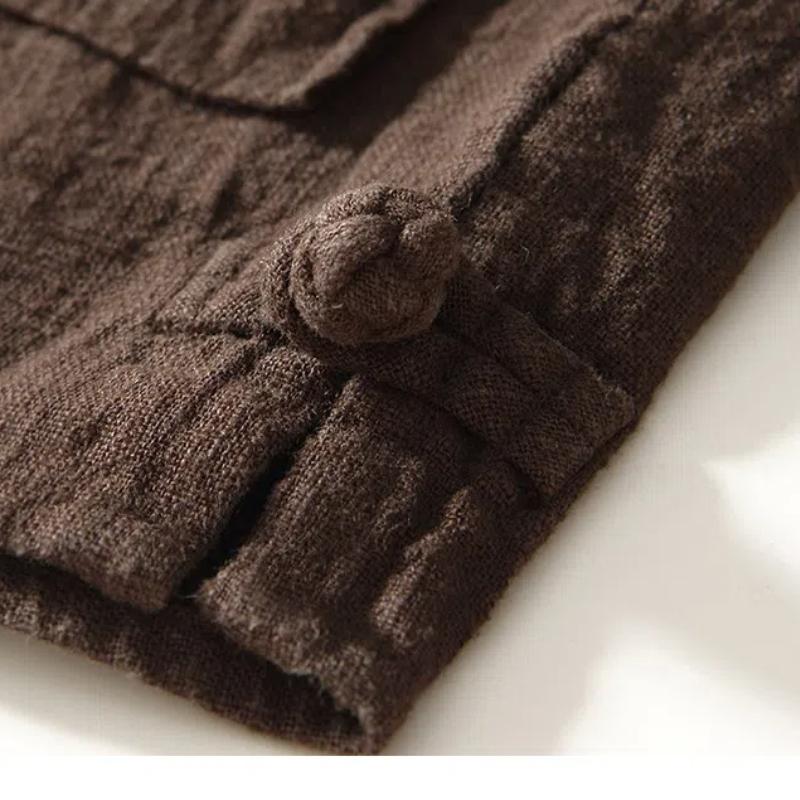 Chinese Style Long Sleeve Men Shirt Traditional Men Clothing Solid Color Stand Collar Cotton Linen Button Shirt Daily Casual Tops Big Pockets