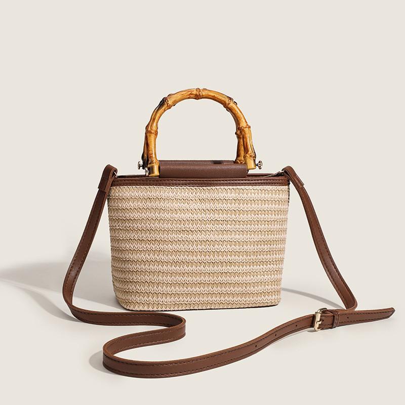 

2025 New Style Niche Design High-end Fashion Bamboo Portable Woven Bucket Bag All-match Straw коричневый