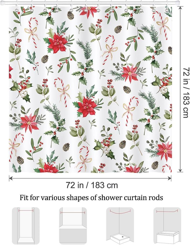 Christmas Shower Curtain,Red Poinsettias Holly Berries Candy Cane Winter Holiday Bathroom Decor Polyester Fabric Waterproof Bath