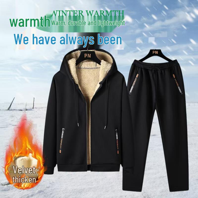 Men's 2024 Autumn/Winter Fleece-Lined Lambswool Hooded Two-Piece Set (Plus Size Available)