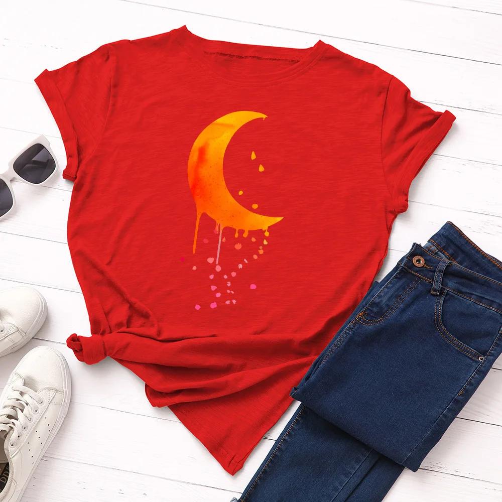 Orange Moon Print T Shirt Women Short Sleeve O Neck Loose Tshirt Summer Women Tee Shirt Tops Camisetas Mujer