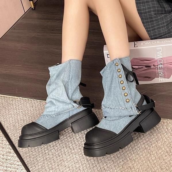 British style platform women's Martin boots autumn and winter splicing cowboy boots niche with skirt thick heel short boots