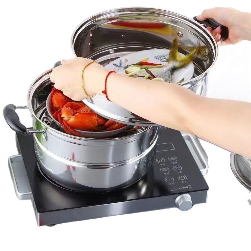 304 Extra silný nerezový dvouvrstvý napařovač: Velký hrnec na polévku, vaření v páře ryb, kompatibilní s indukčními a plynovými sporáky