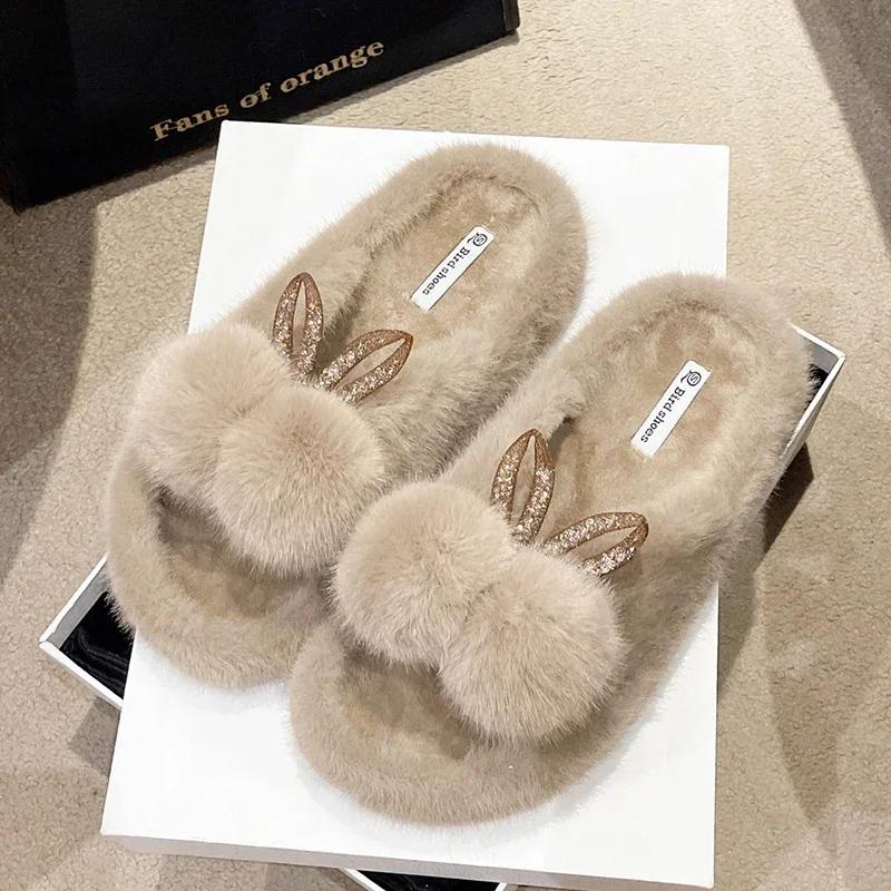 Зимние пушистые тапочки женские домашние меховые тапочки 2024 новые домашние тапочки женские плоские удобные пушистые шлепанцы нескользящая подошва 35 хаки