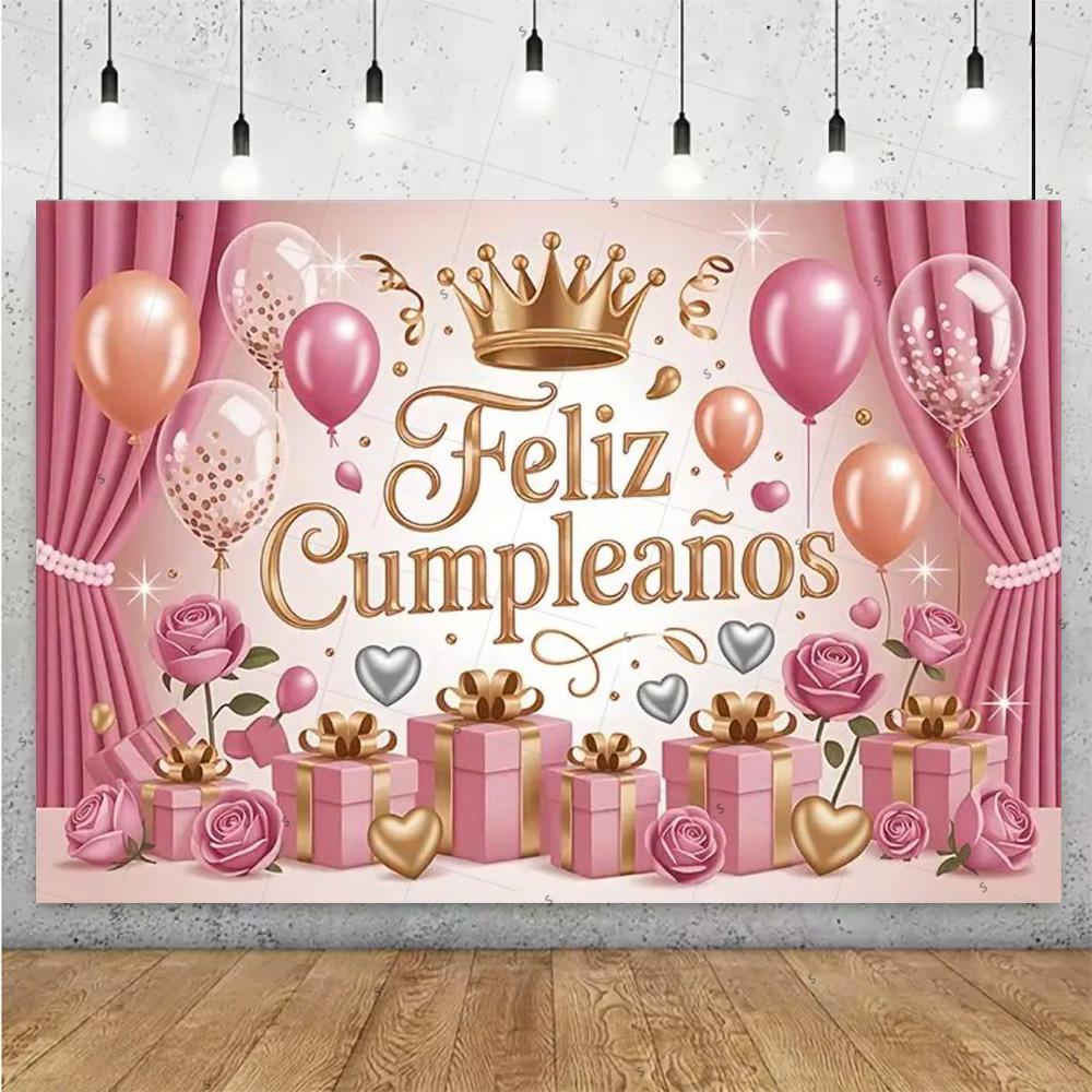 Happy Theme Background In Spanish, Party Decoration with Colored Globes, Background Banner, Gift for Children, Photo Session