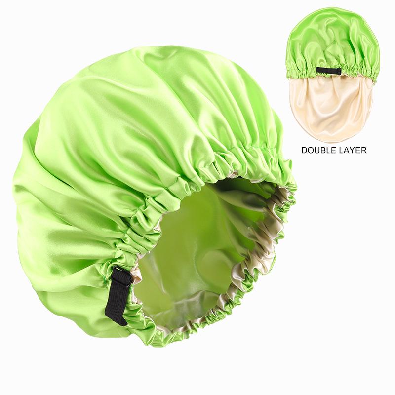 Dual-Layer Satin Sleep Cap with Adjustable Buckle, Reversible Solid Color Design - Elastic European/American Shower Cap