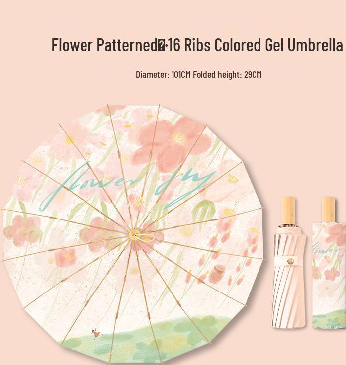 Xiaohongshu Chinese Style 16-Rib Folding Umbrella, Enlarged UV Sun and Rain Protection for Girls