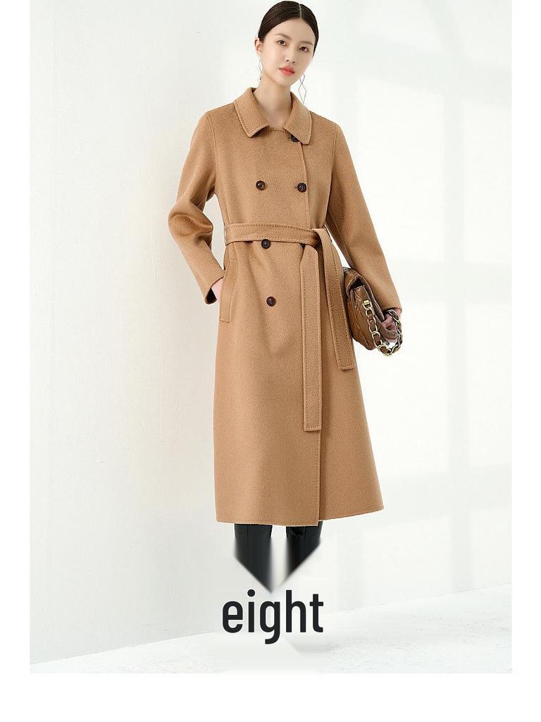 Women's Long Double-Faced 100% Pure Cashmere Ripple Coat with Horn Buttons for Autumn/Winter