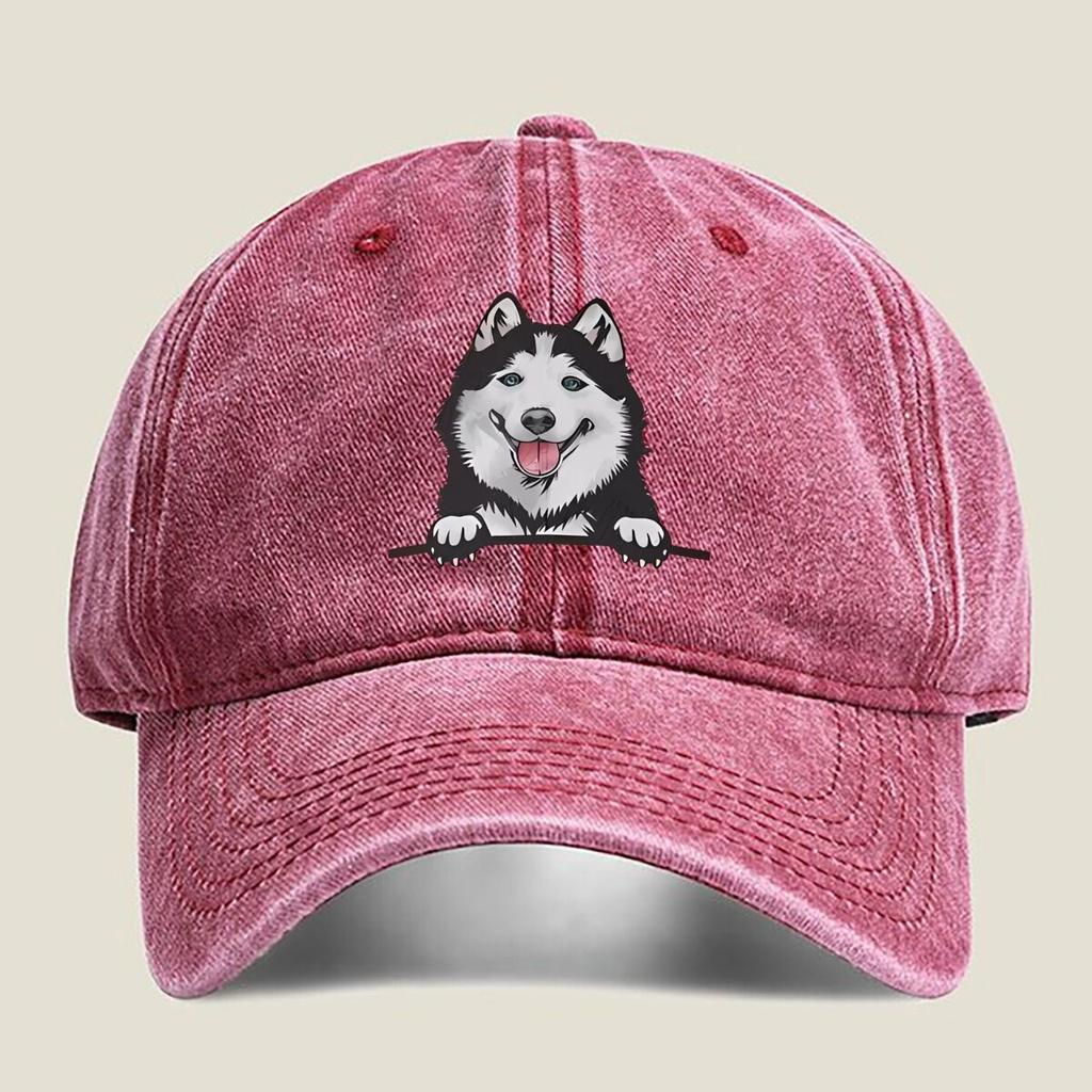 Happy Husky Portrait Fashion Washed Baseball Cap Hat Outdoor Activities