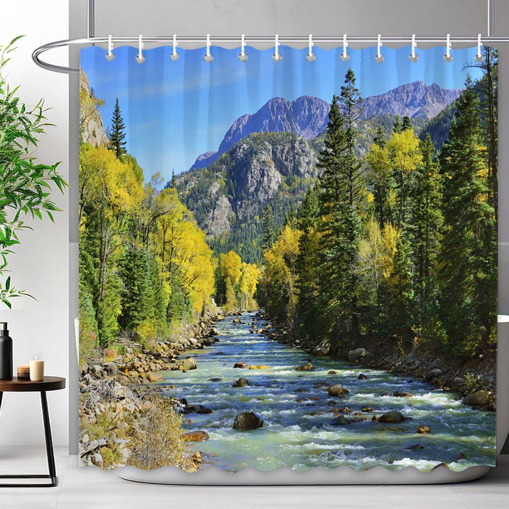 Outdoor Scenic Forest Shower Curtain With Hooks Green Plant Tree Waterfall Landscape Waterproof Shower Curtains Bathroom Decor
