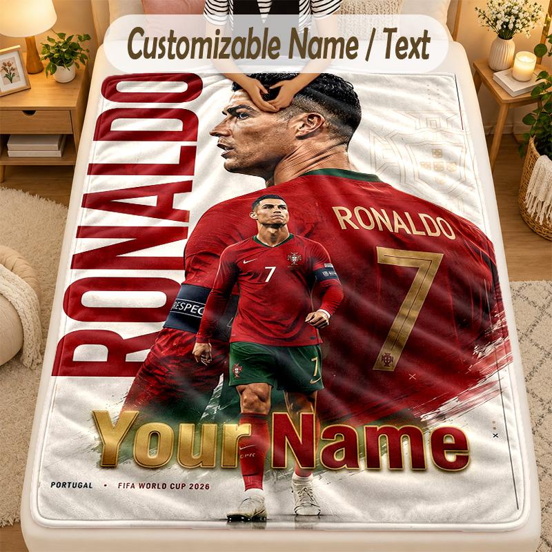 Flannel BlanketCristiano Ronaldo Custom Name Text Personalized Soft Warm Throw Blanket Home Decor Gift