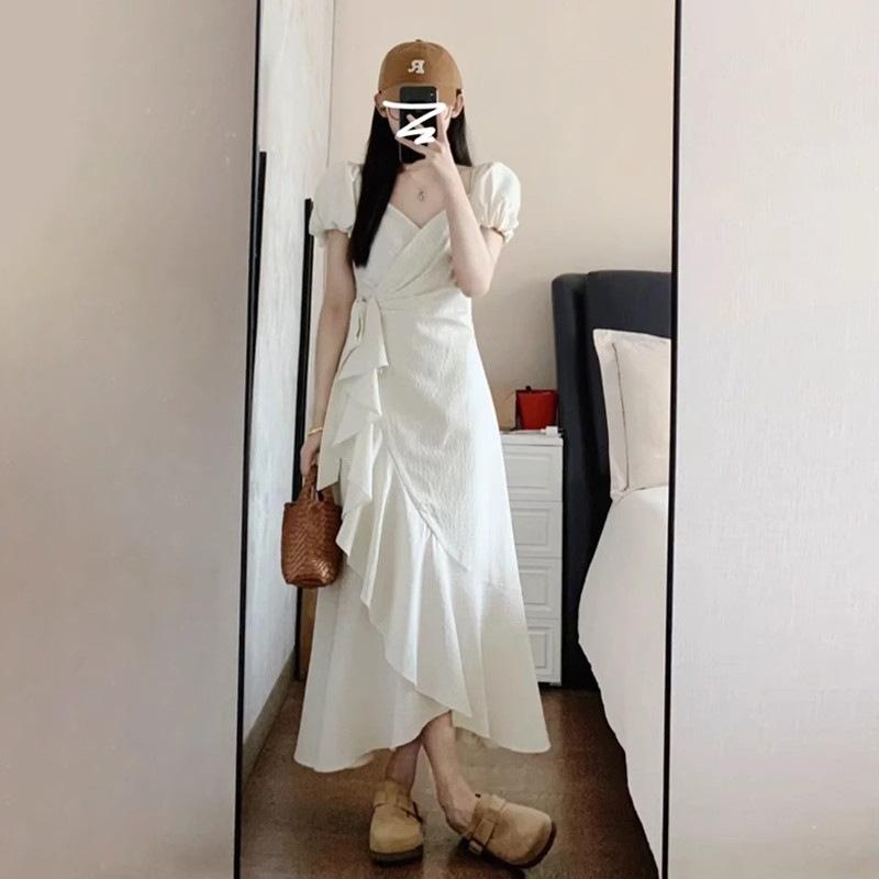 French High-end Ruffle Leaf Edge Bubble Sleeve Dress Women's Summer Design Waist Thin Dress Children