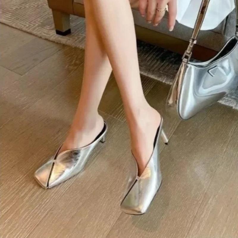 Fashion Square Toe Shallow Mules Stiletto High Heel Sexy Elegant Women's Slippers Golden Solid Genuine pu Casual Outdoor