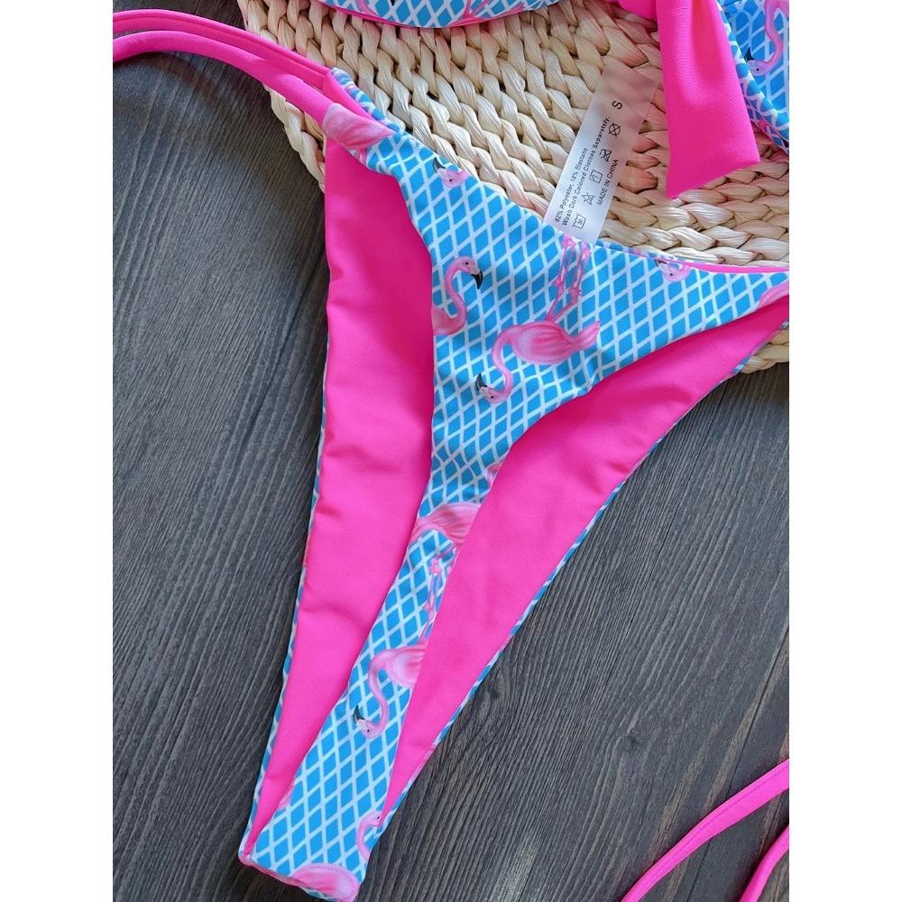 Sexy Grid Flamingo Print Swimsuit Woman 2026 New Two-Piece Swimwear Push Up Thongs Bikinis Set Bathing Suit Biquini