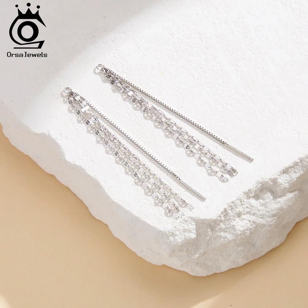 ORSA JEWELS Minimalist Long Chain Tassel Earrings 925 Sterling Silver Fashion Jewelry Date Elegant Eardrop for Women Gift APE153