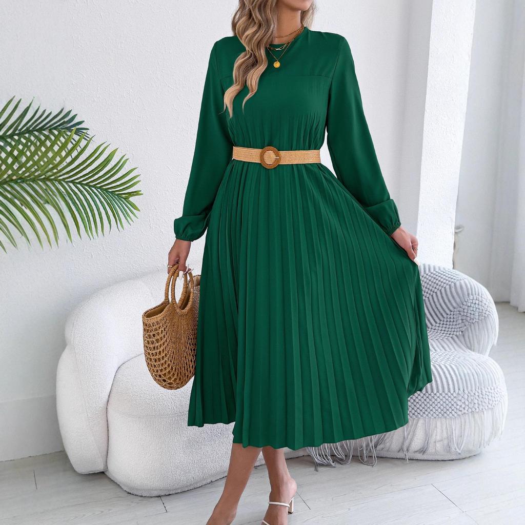 Spring and Summer Casual Solid-color Long-sleeved Padded Pleated Dress for Women