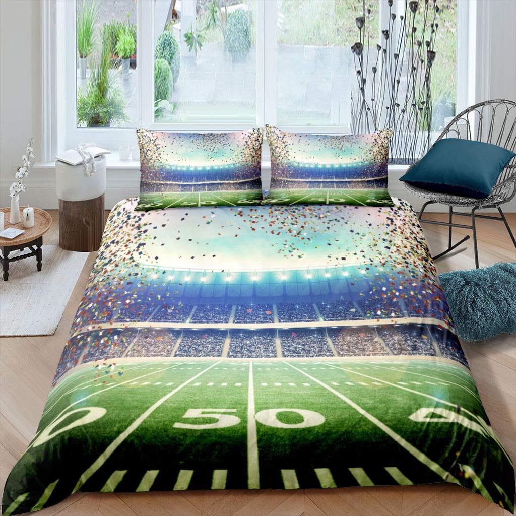 Green Football Field King Queen Duvet Cover Soccer Field Comforter Cover Boys Men Sport Games Bedding Set Polyester Quilt Cover