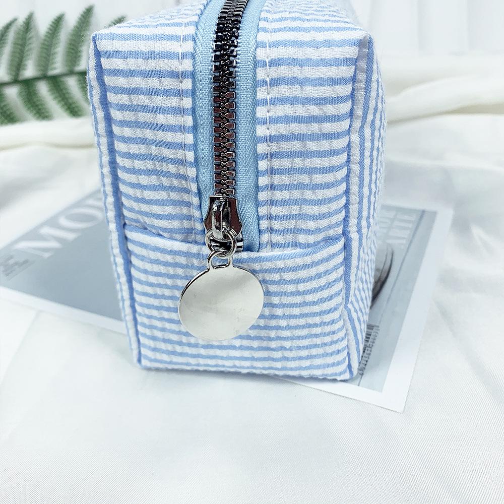 Seersucker Makeup & Toiletry Bag: Large Capacity, Embroidered, Striped Travel Clutch