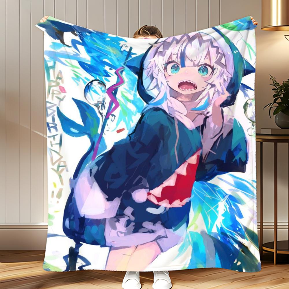 vtuber Gawr Gura Throw Soft Coral Fleece Blanket 310gsm Fluffy Warm Throw for Sofa Bed Couch Bedroom Decor