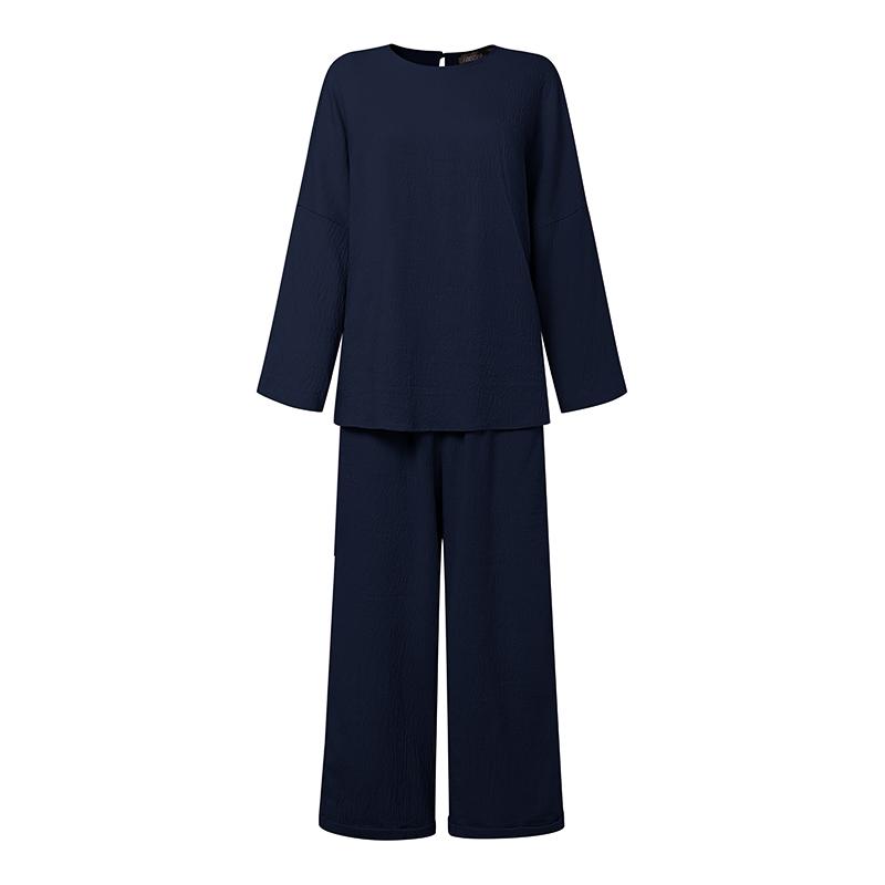 

ZANZEA 2PCS Two Piece Women Sets Long Sleeve Blouse and Pants Casual Suits Outfits 5XL темно-синий