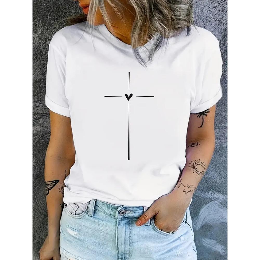 

Cross Graphic Print Crew Neck T-shirt Casual Short Sleeve T-shirt For Spring Summer Women s Clothing S
