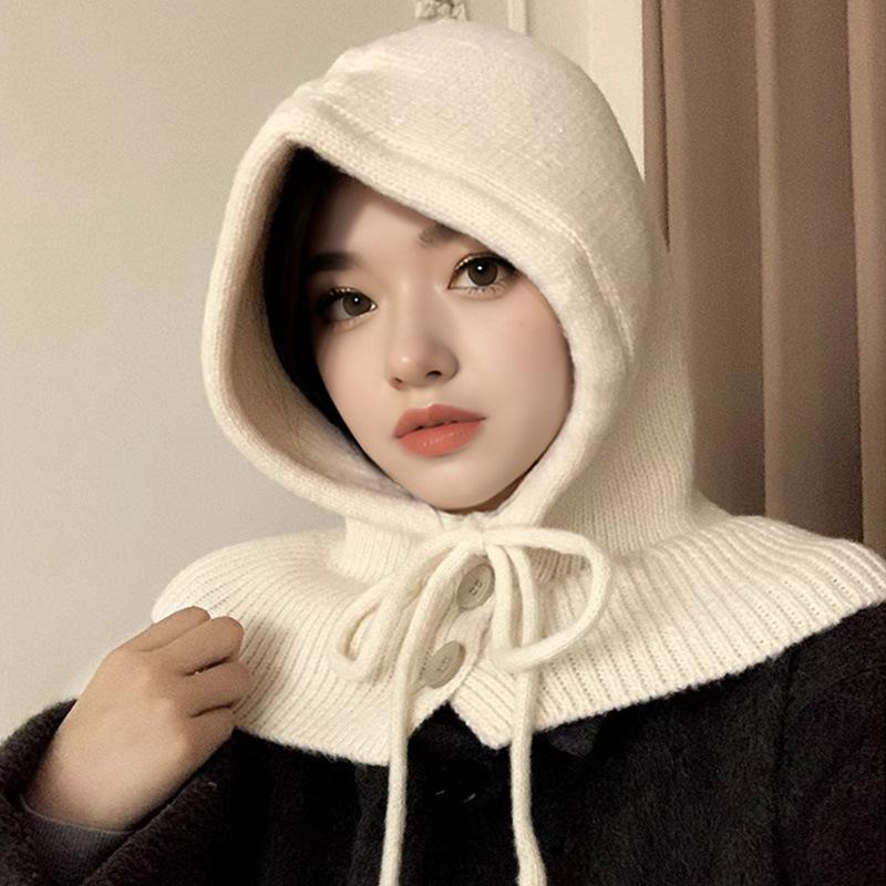 

Шапка-балаклава для женщин на зиму теплая шарф для большой головы цельный головной убор защита ушей шерстяная шапка вязаная шапка M（56-58cm）