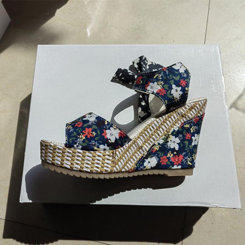 Fashion Bohemian Style Thick Heel Sandals High Heels Fish Mouth Women Sandals Platform Flowers Ribbon Beach Shoes Sandalias De Mujer